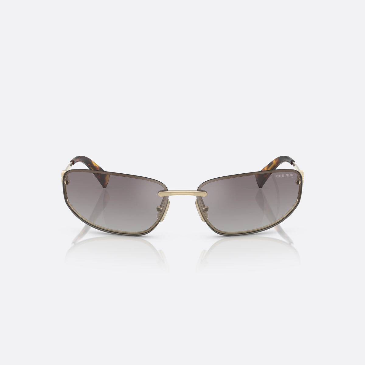 Miu Miu MU A50S ZVN30C sunglasses, gold oval frame for women, plain metal bridge, brand lettering on temples, front view