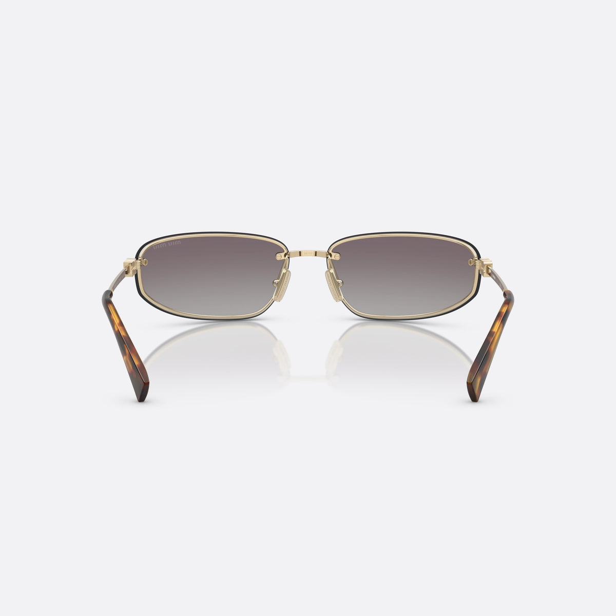 Miu Miu MU A50S ZVN30C sunglasses, gold oval frame for women, plain metal bridge, brand lettering on temples, back view