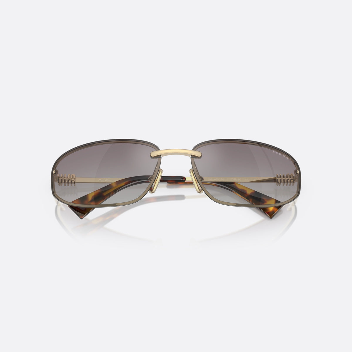 Miu Miu MU A50S ZVN30C sunglasses, gold oval frame for women, plain metal bridge, brand lettering on temples, folded