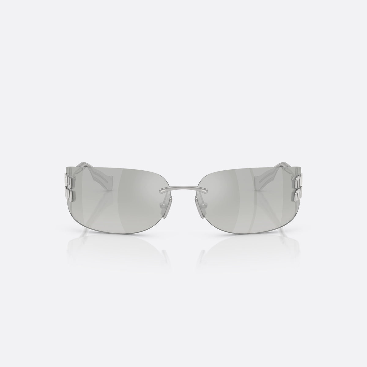 Ochelari de soare Miu Miu MU A51S 1BC10Y, rectangulari argintiu, pentru femei, punte metalică subțire, literele brandului pe brațe, vedere din față