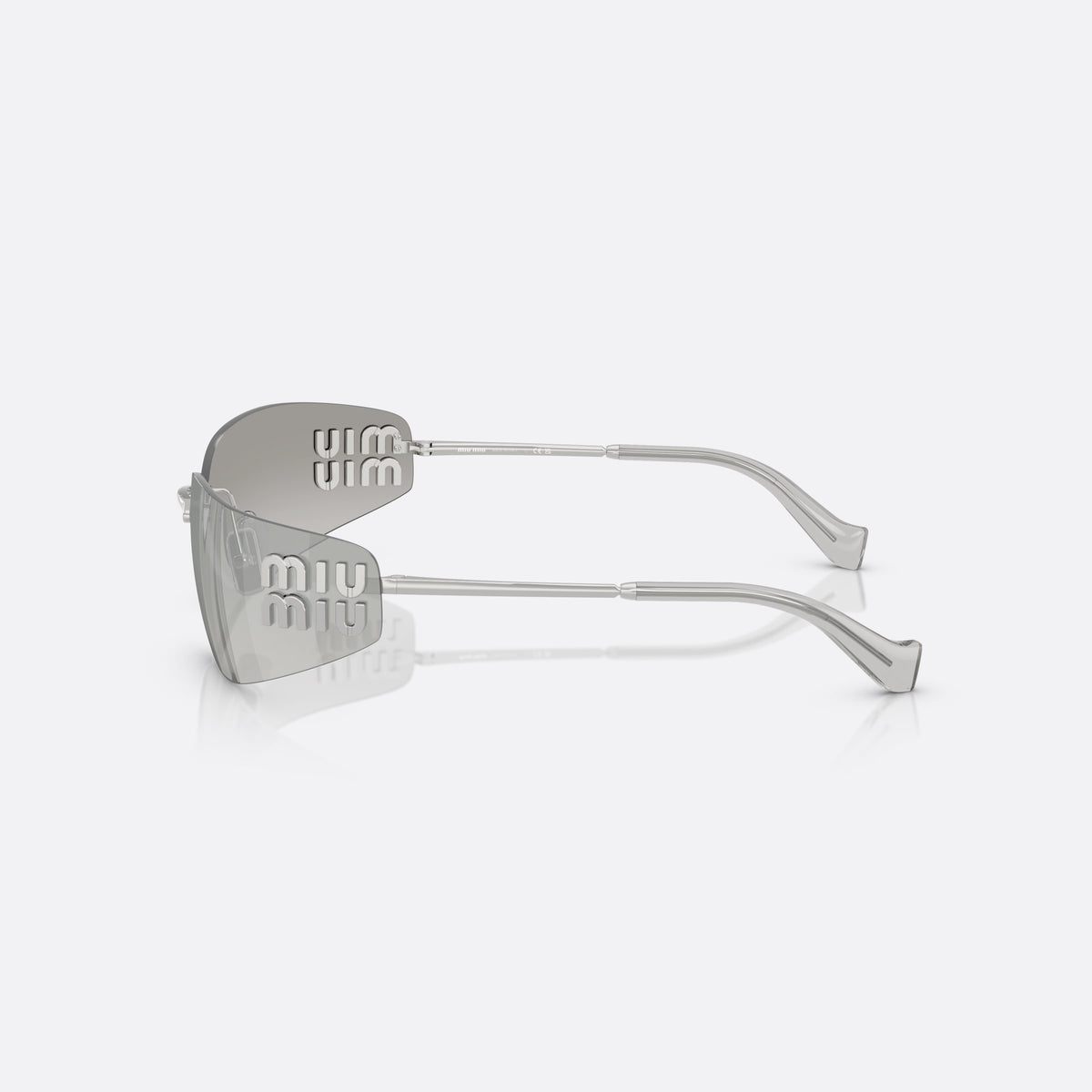 Ochelari de soare Miu Miu MU A51S 1BC10Y, rectangulari argintiu, pentru femei, punte metalică subțire, literele brandului pe brațe, vedere laterală