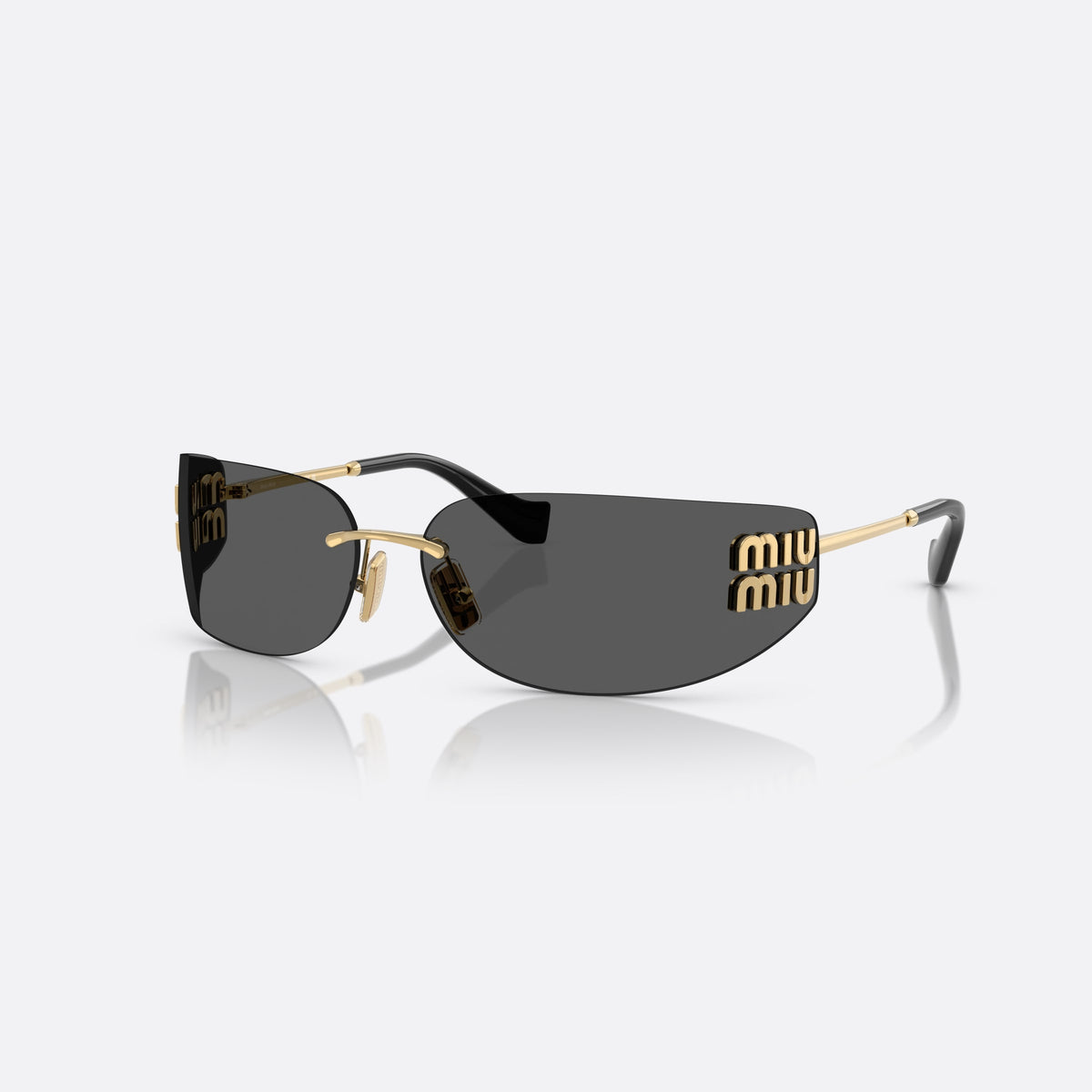 Miu Miu MU A51S 5AK5S0 sunglasses, gold rectangle frame for women, thin gold-tone bridge, brand lettering on temples