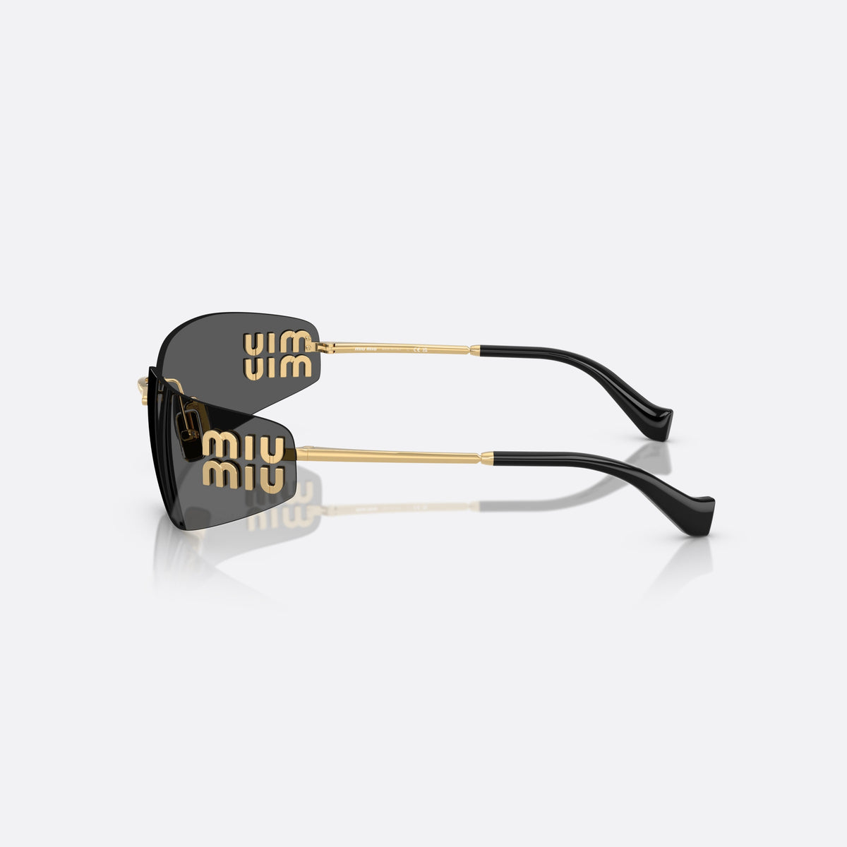 Miu Miu MU A51S 5AK5S0 sunglasses, gold rectangle frame for women, thin gold-tone bridge, brand lettering on temples, side view