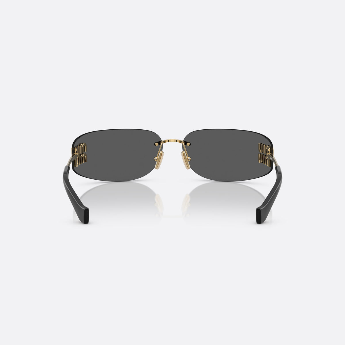 Miu Miu MU A51S 5AK5S0 sunglasses, gold rectangle frame for women, thin gold-tone bridge, brand lettering on temples, back view