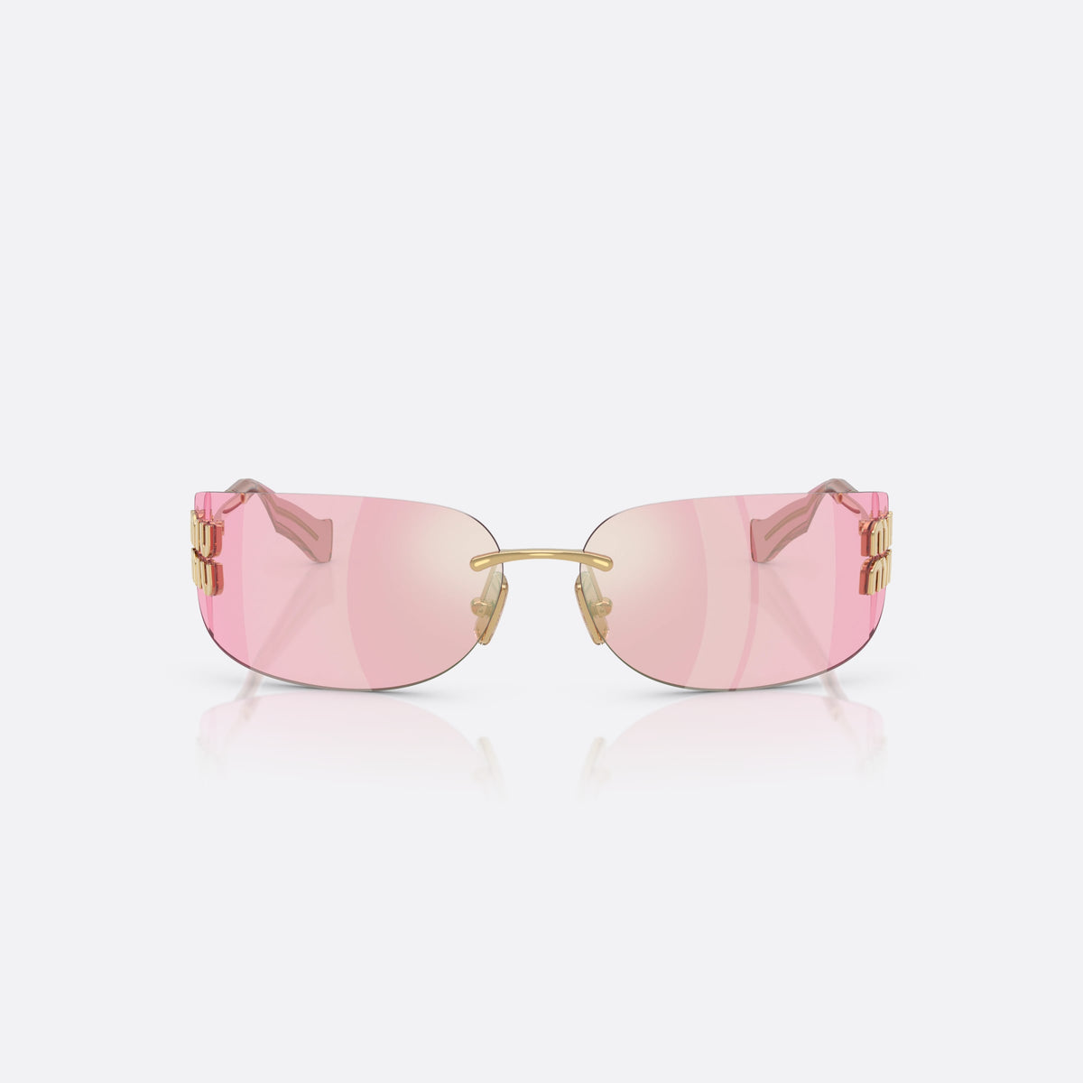 Miu Miu MU A51S 5AK90Y sunglasses, gold rectangle frame for women, thin metal bridge, brand lettering on temples, front view