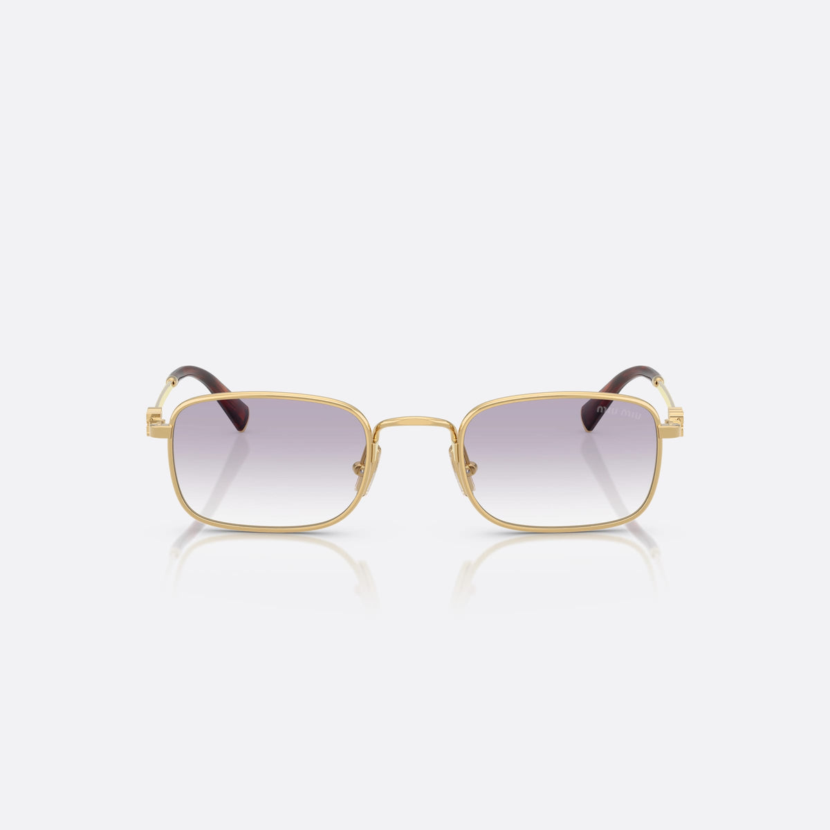 Miu Miu MU A53S 5AK04O sunglasses, gold rectangle frame for women, plain metal bridge, brand lettering on the temples, front view
