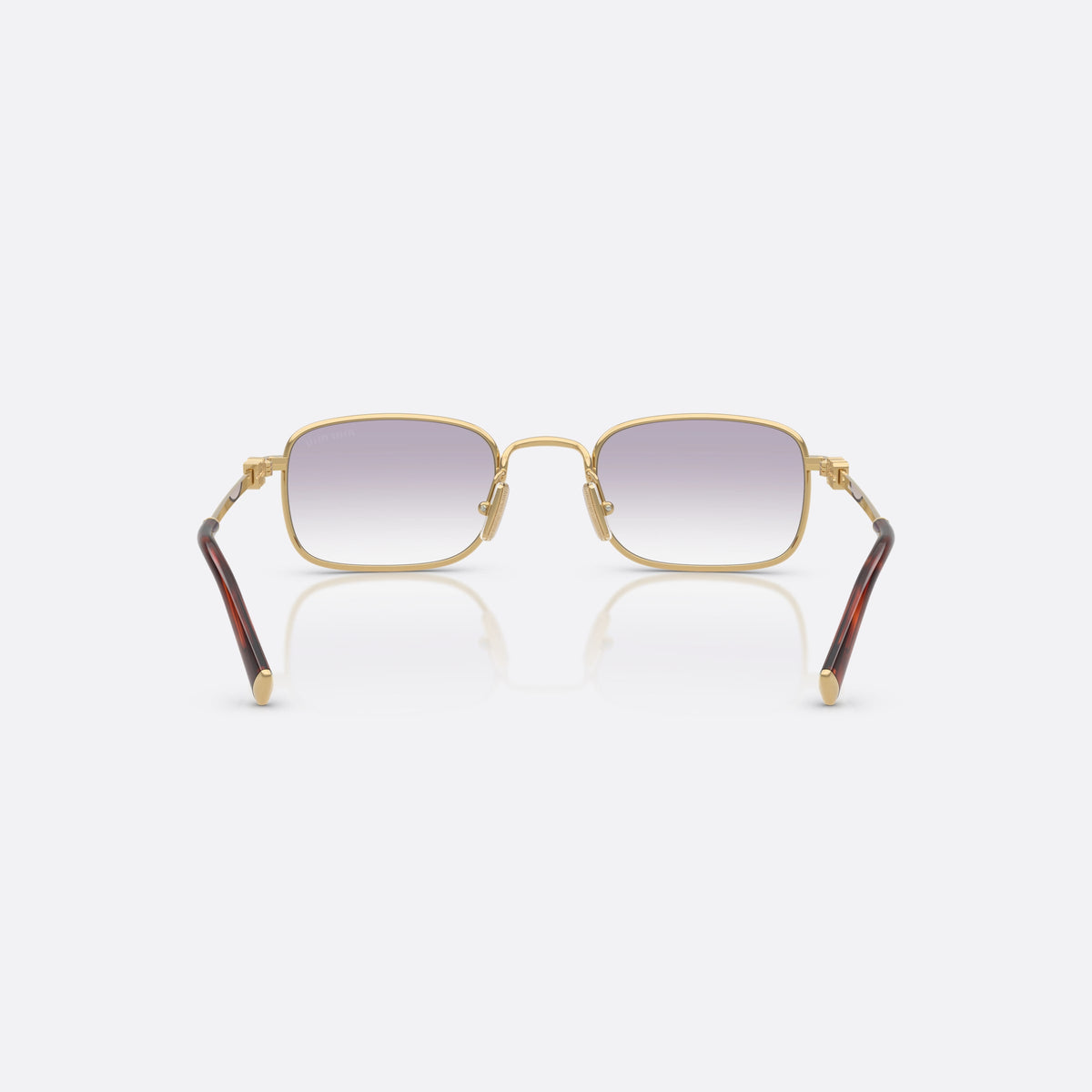 Miu Miu MU A53S 5AK04O sunglasses, gold rectangle frame for women, plain metal bridge, brand lettering on the temples, back view