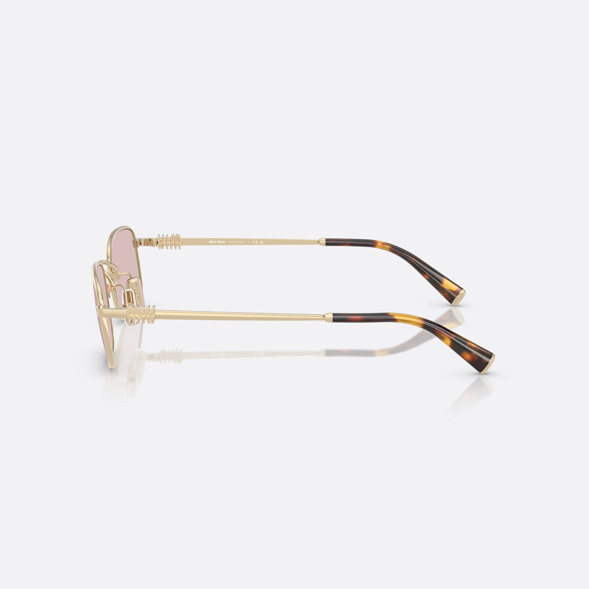 Ochelari de soare Miu Miu MU A53S ZVN4I0, rectangulari auriu, pentru femei, punte metalică simplă, literele brandului pe brațe, vedere laterală