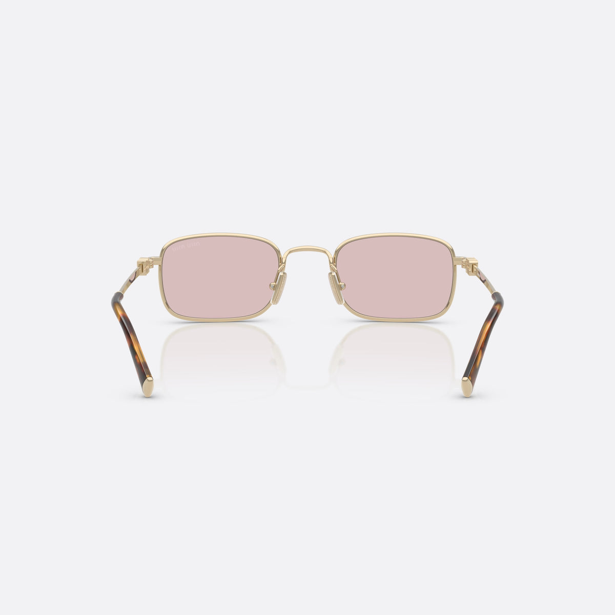 Ochelari de soare Miu Miu MU A53S ZVN4I0, rectangulari auriu, pentru femei, punte metalică simplă, literele brandului pe brațe, vedere din spate