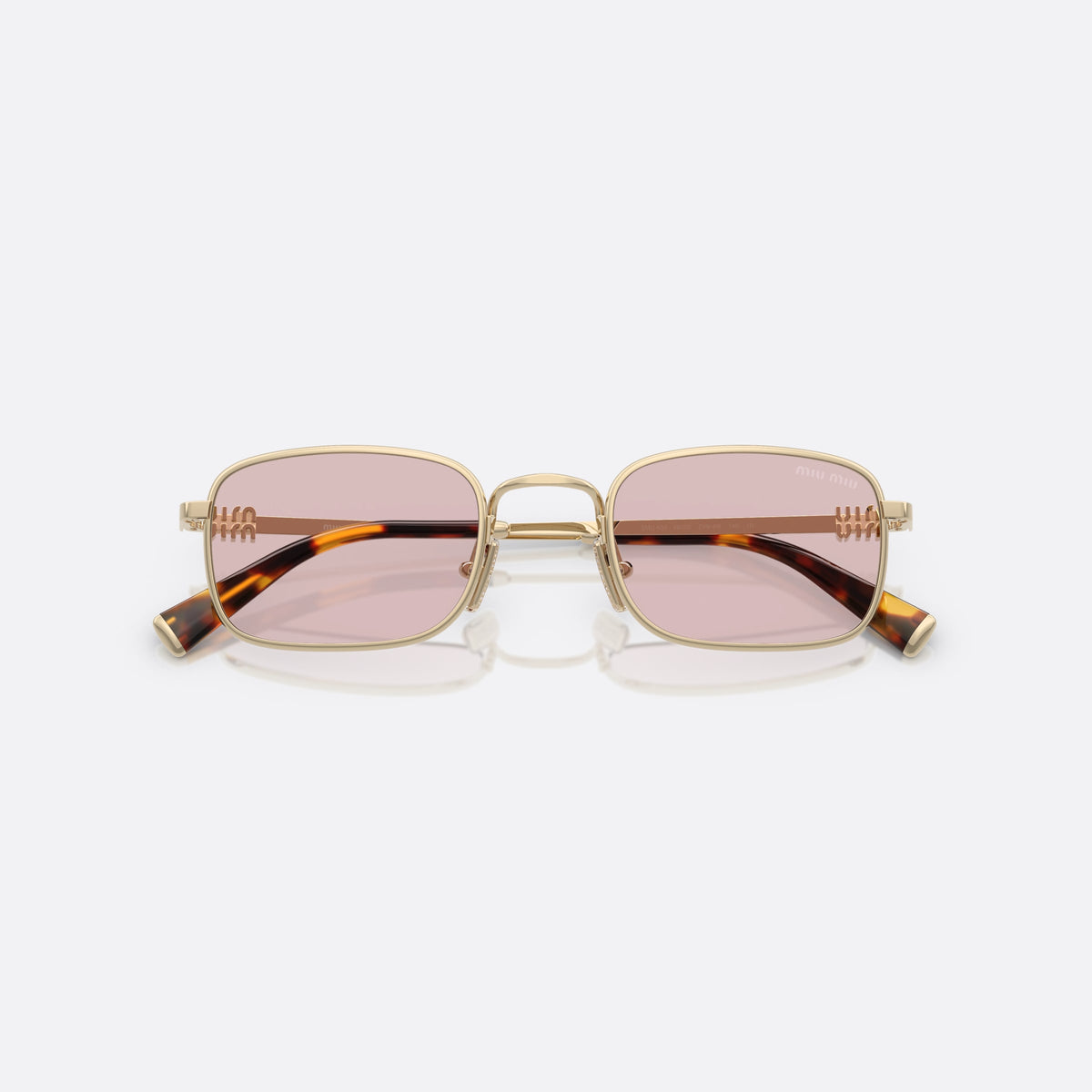 Ochelari de soare Miu Miu MU A53S ZVN4I0, rectangulari auriu, pentru femei, punte metalică simplă, literele brandului pe brațe, cu brațele pliate