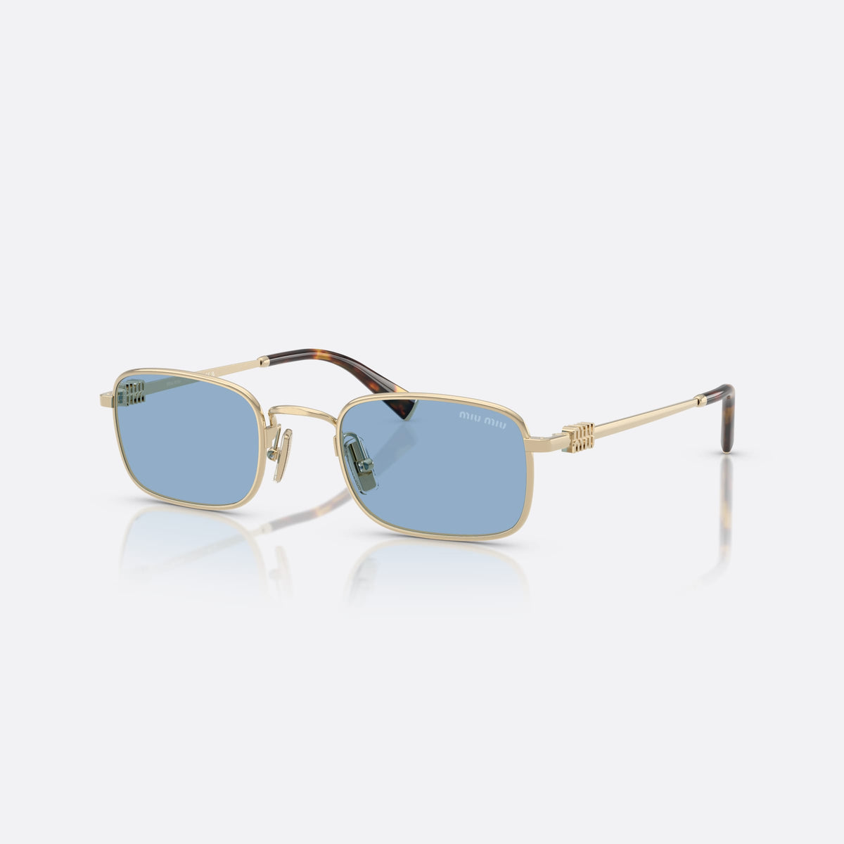 Miu Miu MU A53S ZVN60O sunglasses, gold rectangle frame for women, plain metal bridge, brand logo on temples
