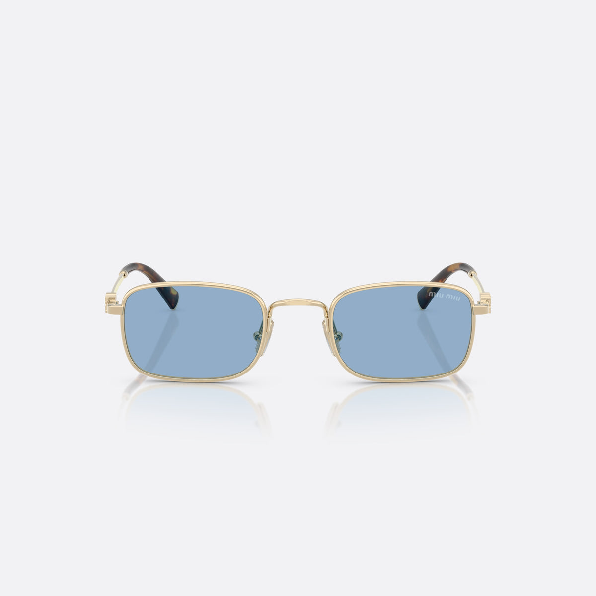 Miu Miu MU A53S ZVN60O sunglasses, gold rectangle frame for women, plain metal bridge, brand logo on temples, front view
