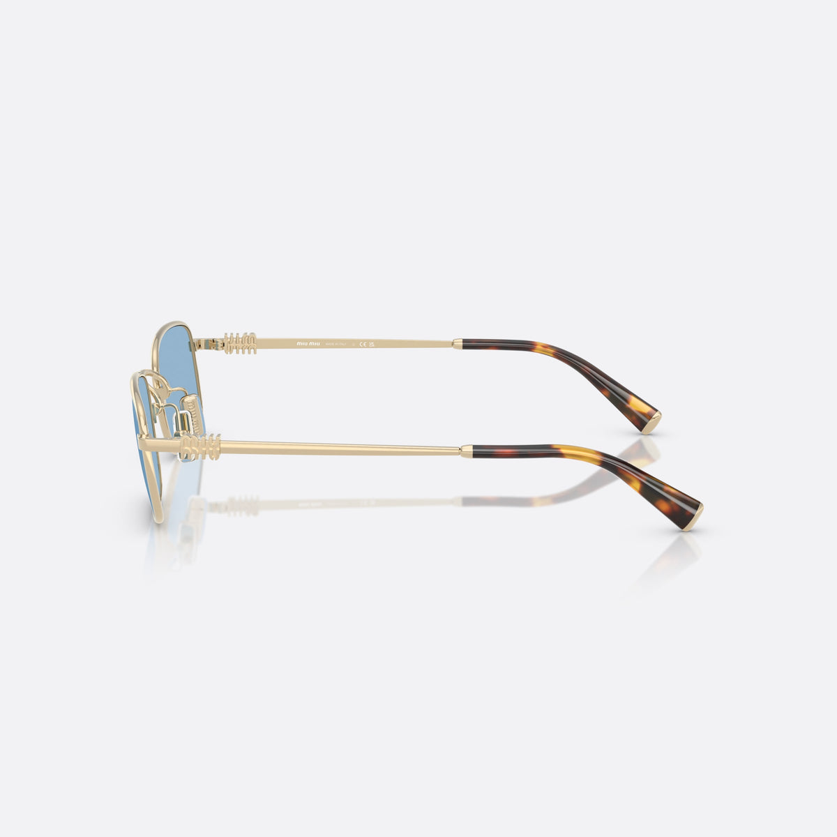 Miu Miu MU A53S ZVN60O sunglasses, gold rectangle frame for women, plain metal bridge, brand logo on temples, side view