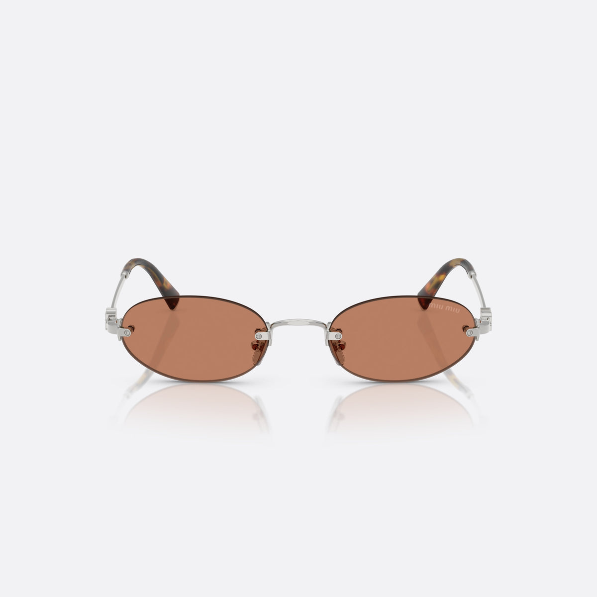 Miu Miu MU A54S 1BC90Q sunglasses, silver oval frame for women, plain metal bridge, brand logo on temples, front view