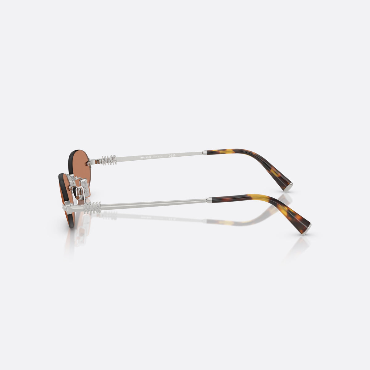 Miu Miu MU A54S 1BC90Q sunglasses, silver oval frame for women, plain metal bridge, brand logo on temples, side view