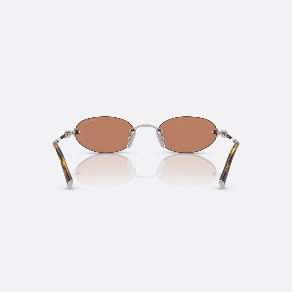 Miu Miu MU A54S 1BC90Q sunglasses, silver oval frame for women, plain metal bridge, brand logo on temples, back view