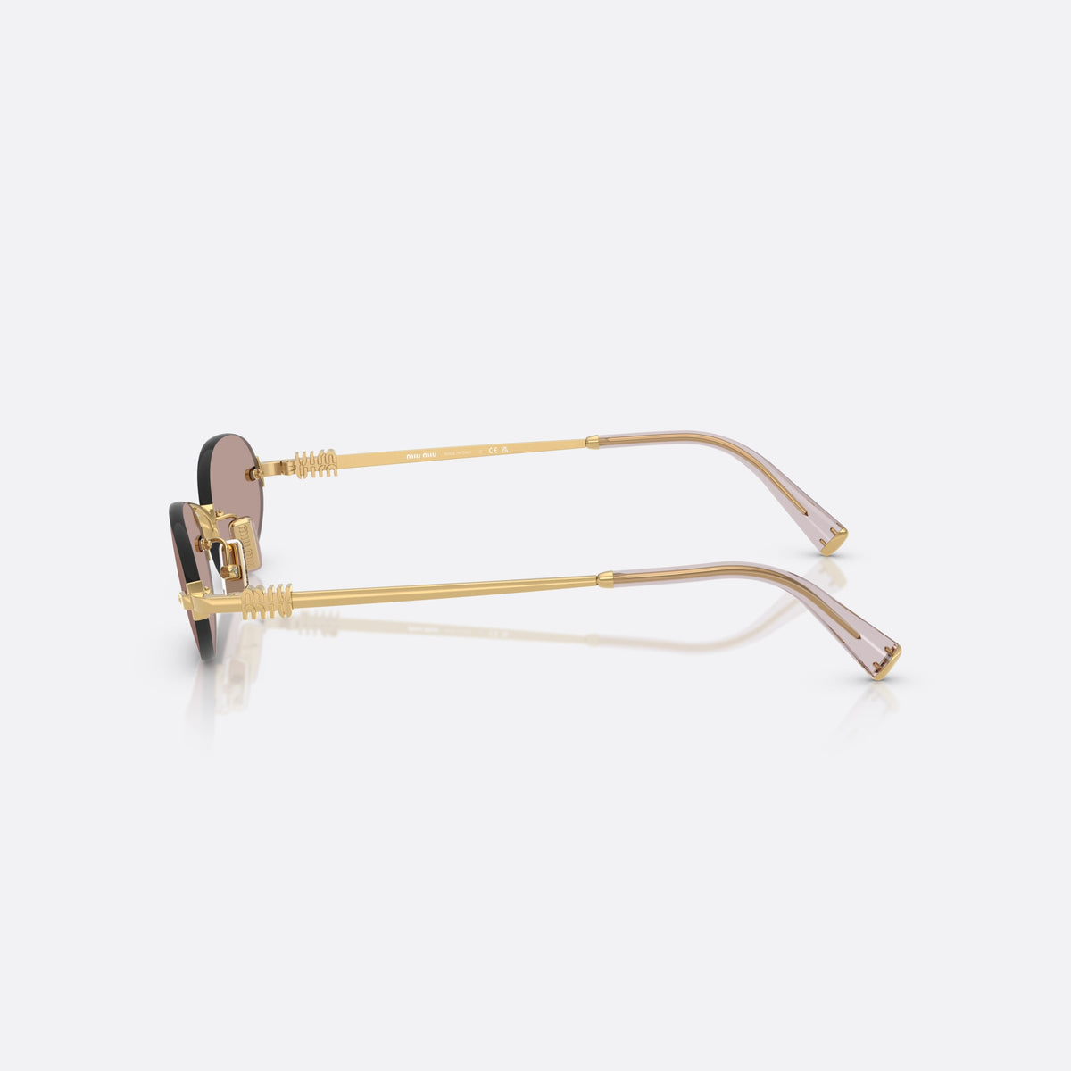 Miu Miu MU A54S 5AK20I sunglasses, gold oval frame for women, thin metal bridge, brand lettering on temples, side view