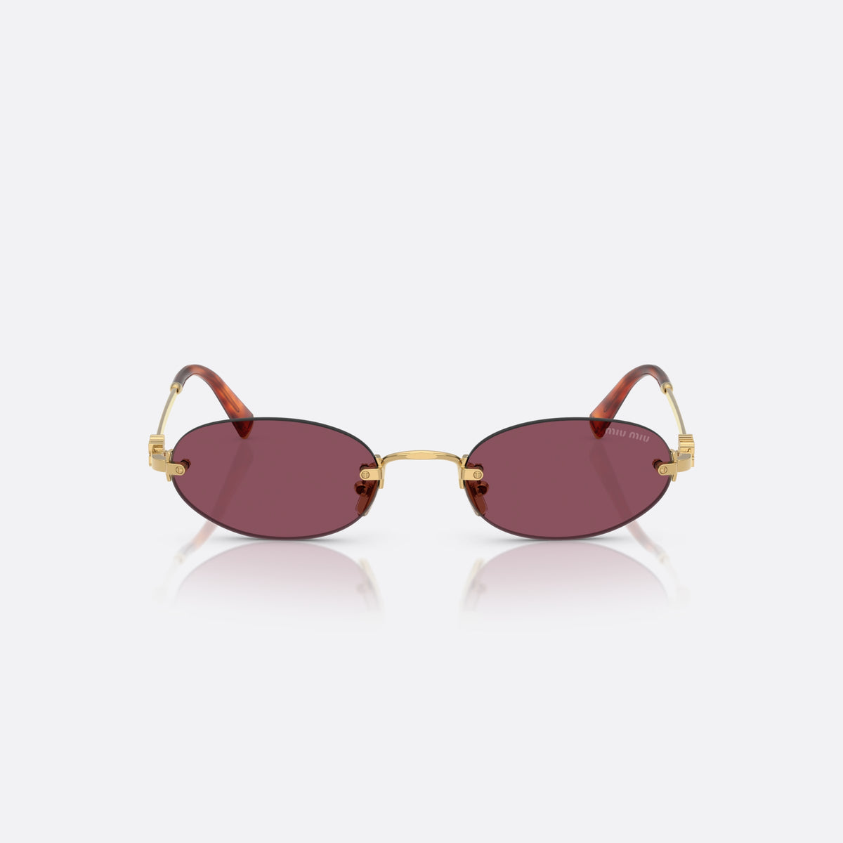 Miu Miu MU A54S 5AK20Y sunglasses, gold oval frame for women, thin metal bridge, brand logo plaque on temples, front view