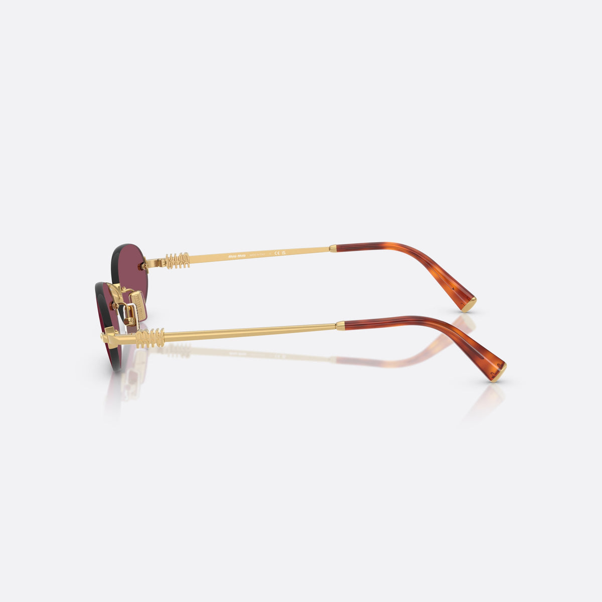 Miu Miu MU A54S 5AK20Y sunglasses, gold oval frame for women, thin metal bridge, brand logo plaque on temples, side view