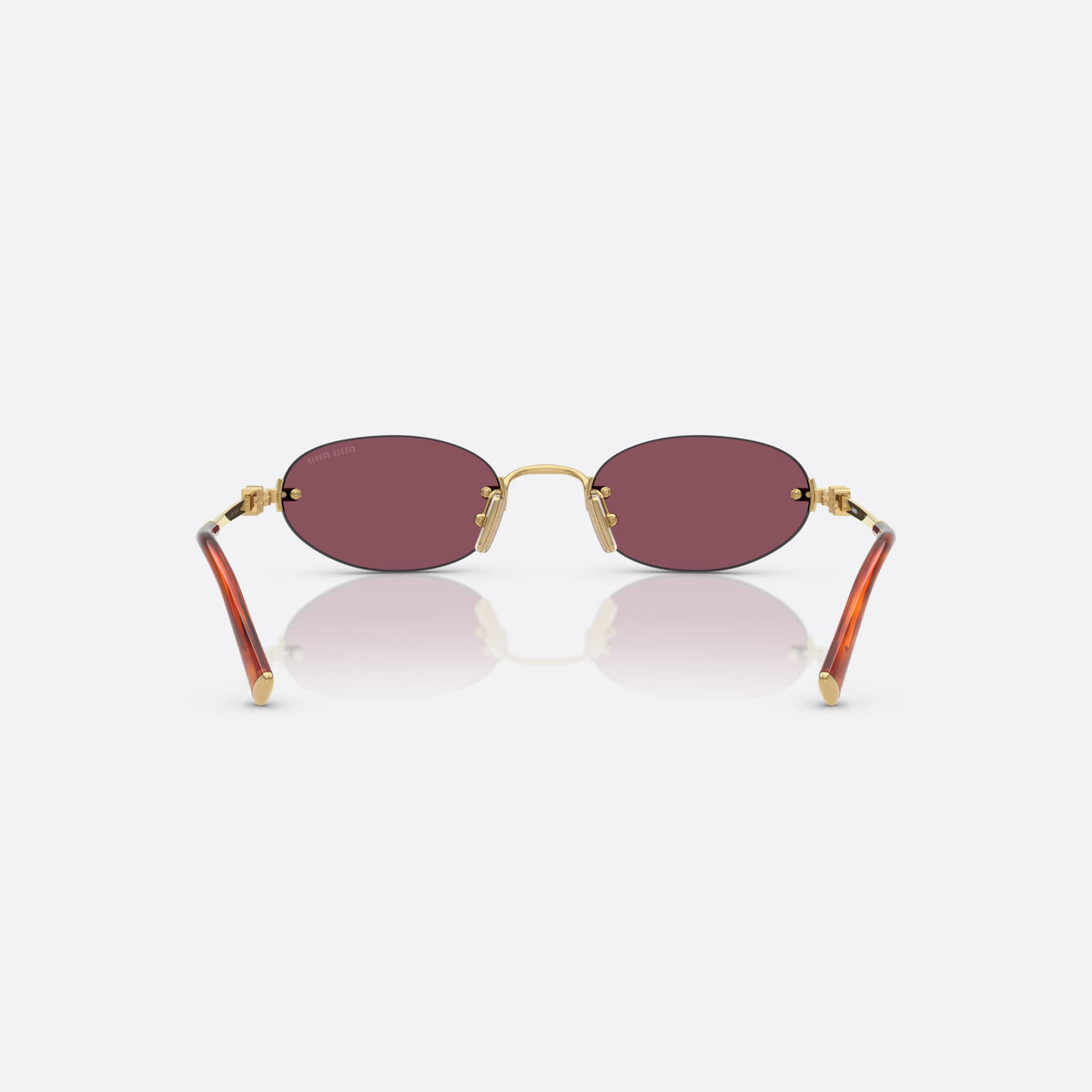 Miu Miu MU A54S 5AK20Y sunglasses, gold oval frame for women, thin metal bridge, brand logo plaque on temples, back view