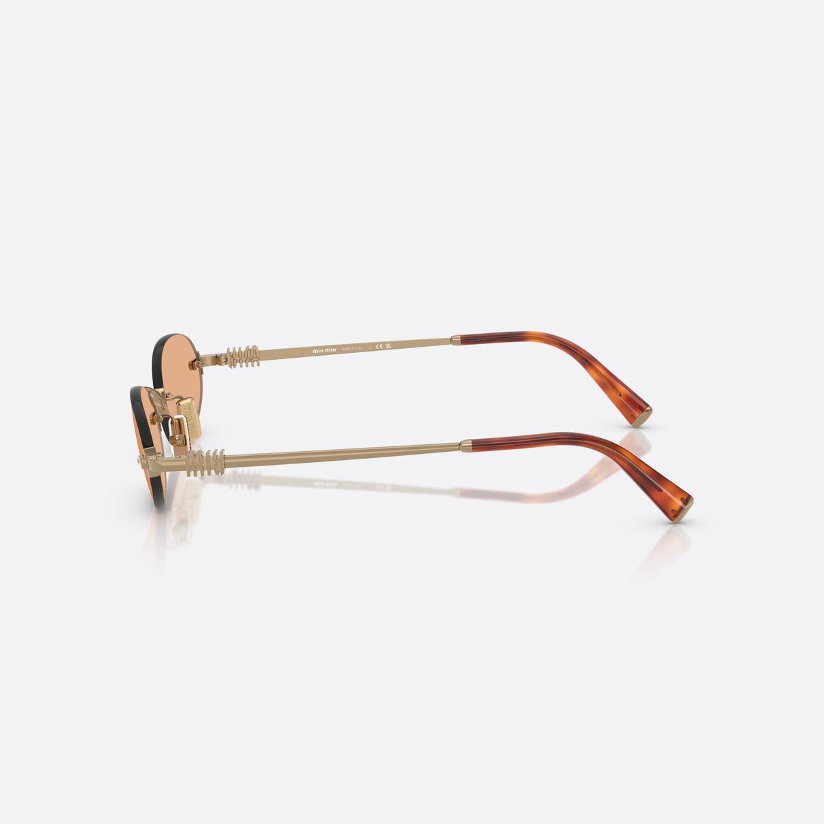 Miu Miu MU A54S 7OE90X sunglasses, brown oval frame for women, thin metal bridge, brand lettering on lens, side view