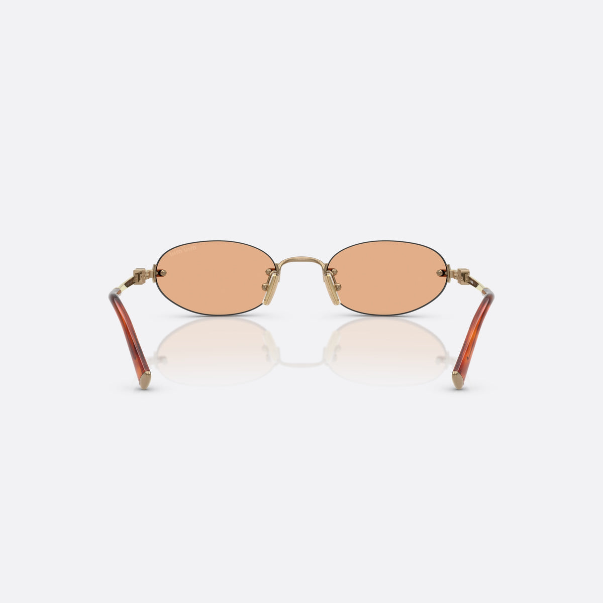 Miu Miu MU A54S 7OE90X sunglasses, brown oval frame for women, thin metal bridge, brand lettering on lens, back view