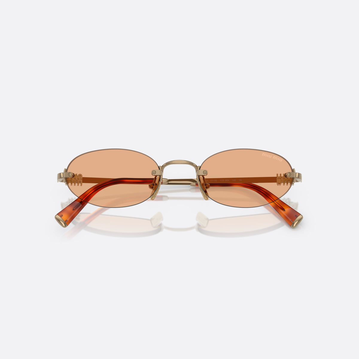 Miu Miu MU A54S 7OE90X sunglasses, brown oval frame for women, thin metal bridge, brand lettering on lens, folded