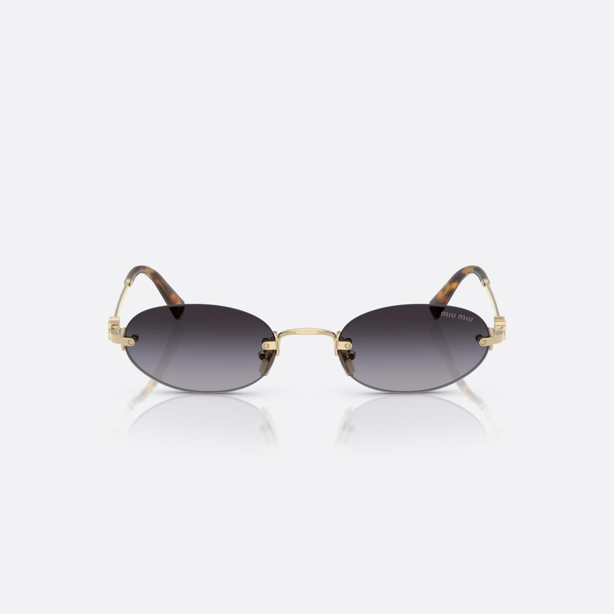 Miu Miu MU A54S ZVN5D1 sunglasses, gold oval frame for women, thin metal bridge, brand lettering on temples, front view