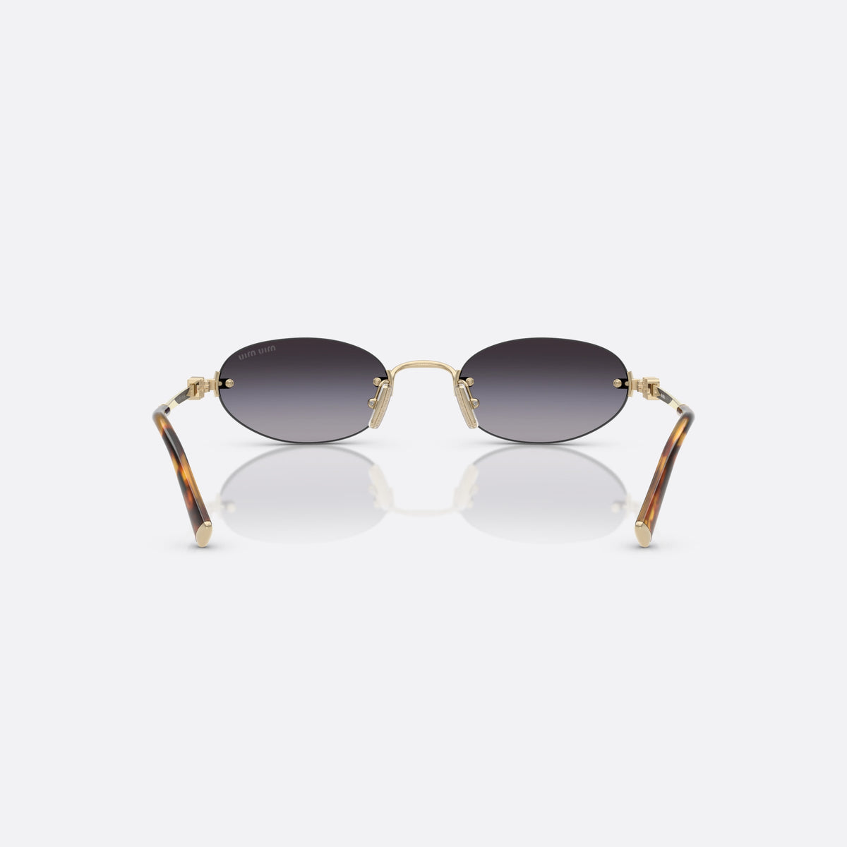 Miu Miu MU A54S ZVN5D1 sunglasses, gold oval frame for women, thin metal bridge, brand lettering on temples, back view