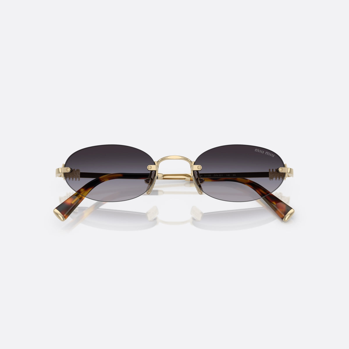 Miu Miu MU A54S ZVN5D1 sunglasses, gold oval frame for women, thin metal bridge, brand lettering on temples, folded