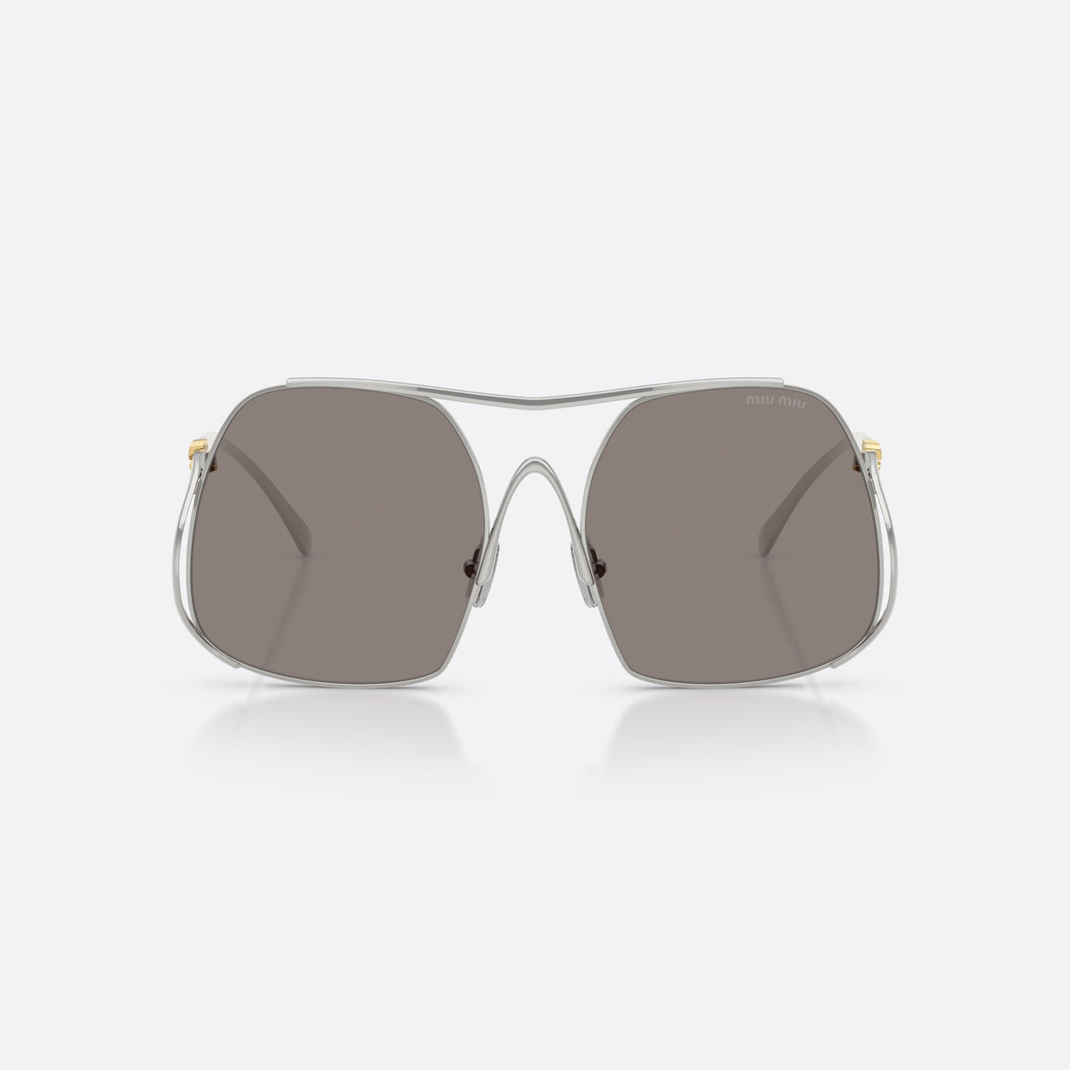 Ochelari de soare Miu Miu MU A55S 1BC80Q, patrati argintiu, pentru femei, punte dublă cu bară metalică superioară, vedere din față