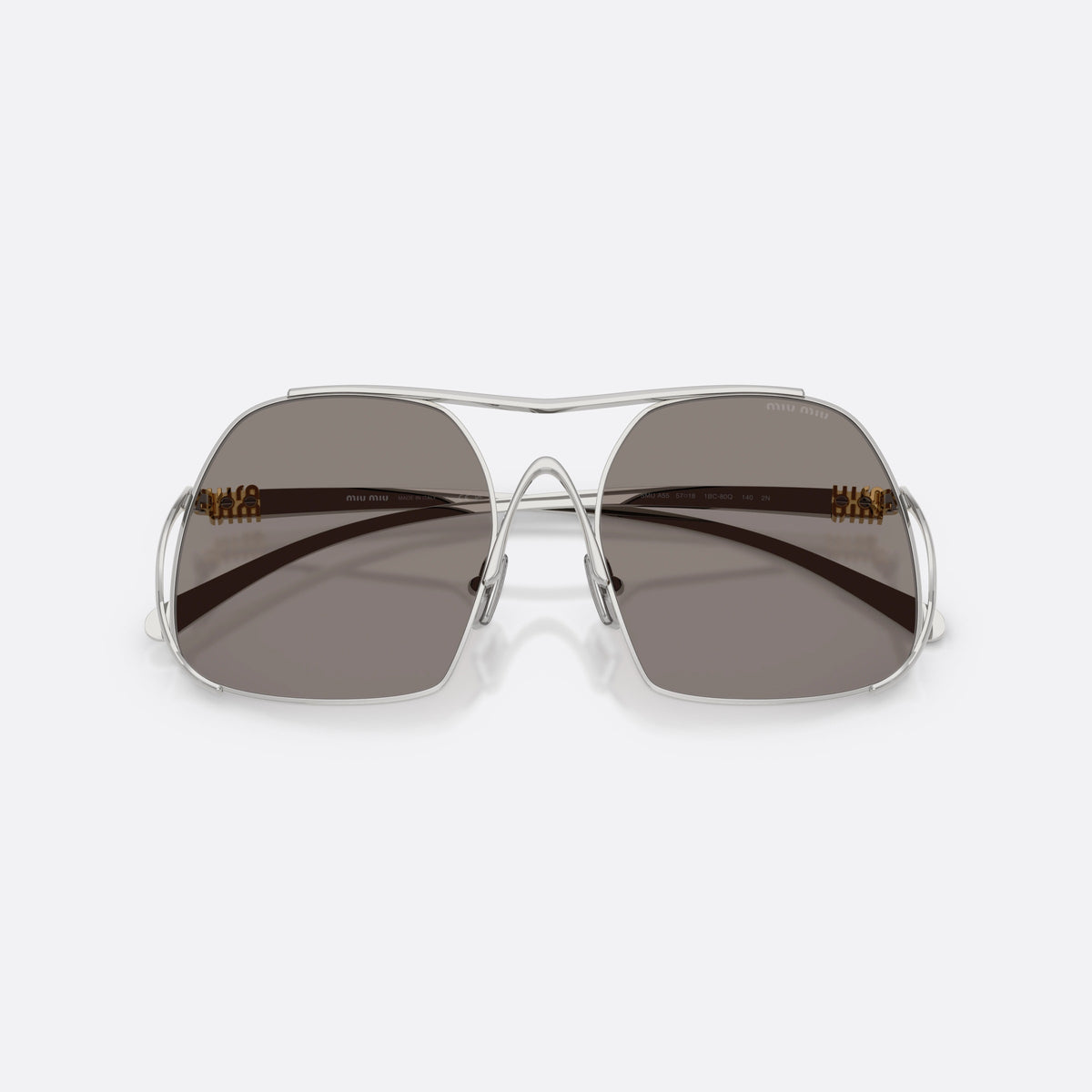 Ochelari de soare Miu Miu MU A55S 1BC80Q, patrati argintiu, pentru femei, punte dublă cu bară metalică superioară, cu brațele pliate