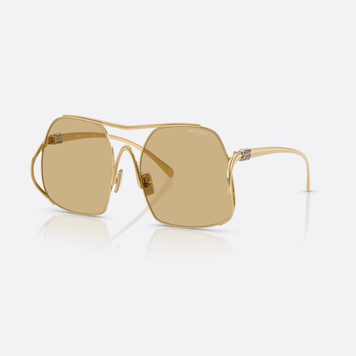 Miu Miu MU A55S 5AK10R sunglasses, gold square frame for women, double bridge with top bar, brand lettering on temples