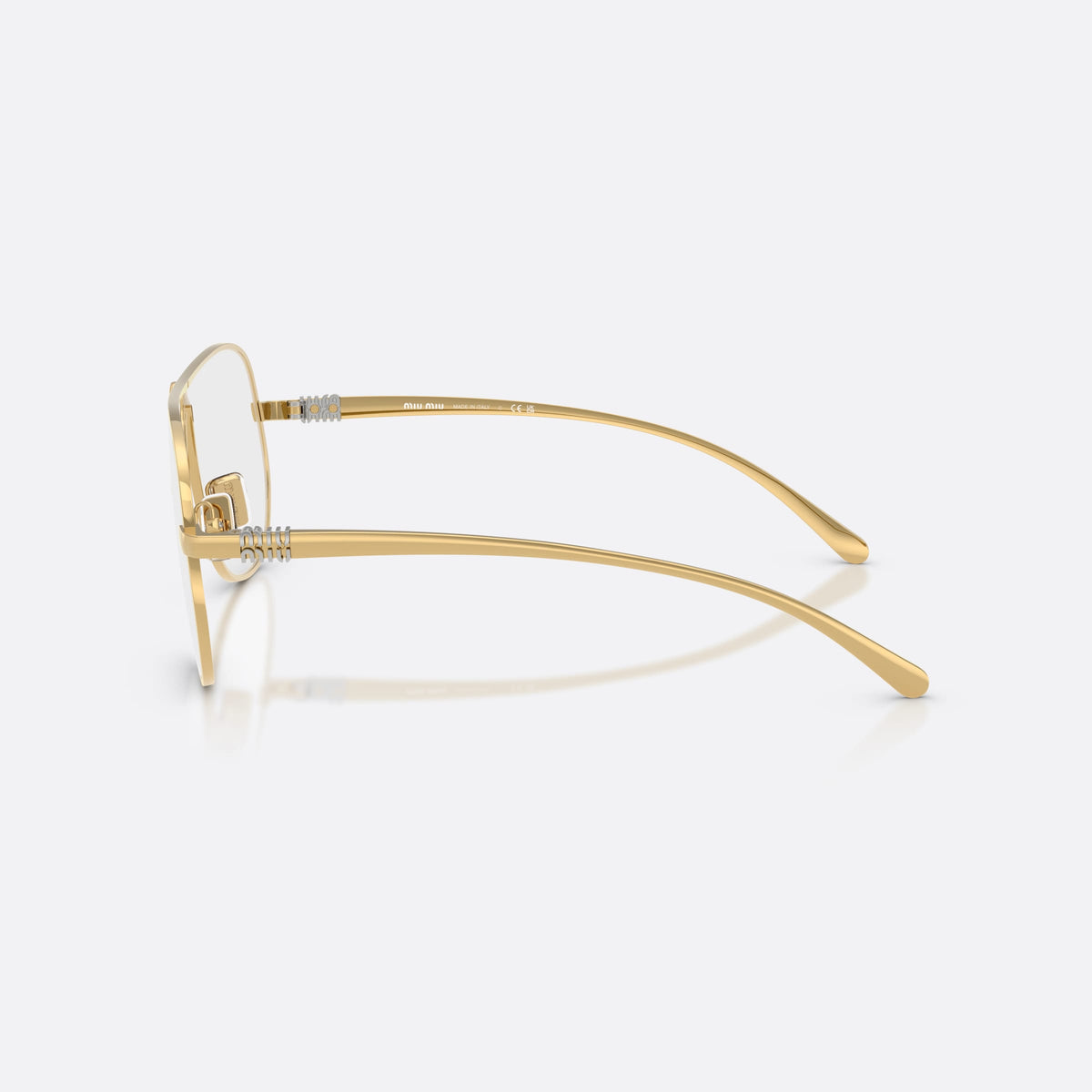Miu Miu MU A56S 5AK08N sunglasses, gold pilot frame for women, keyhole bridge, brand lettering on temples, full-rim frame, side view