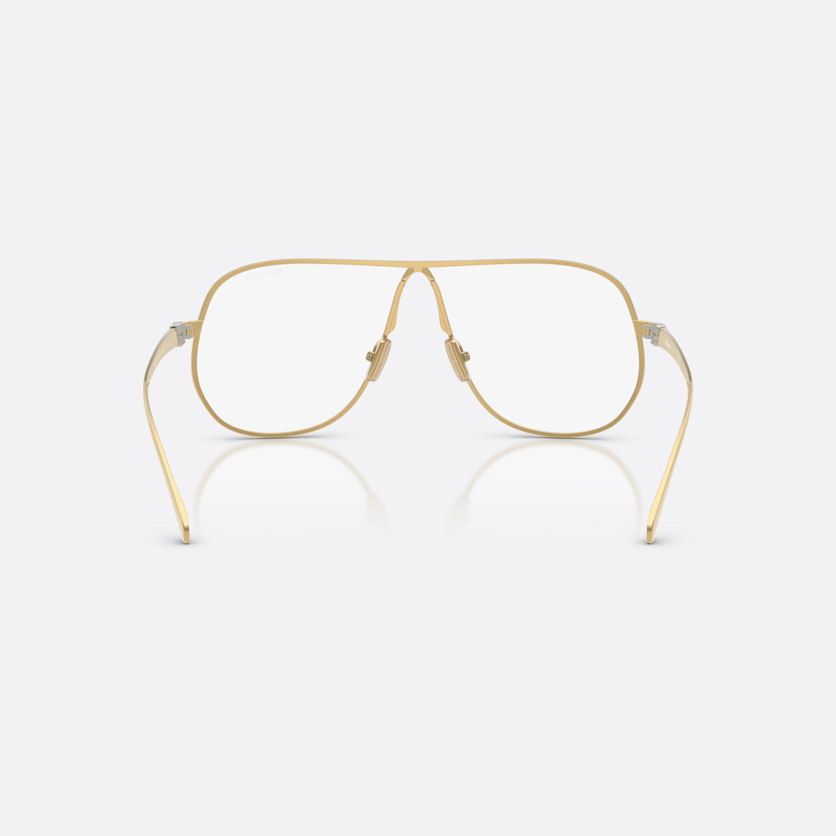 Miu Miu MU A56S 5AK08N sunglasses, gold pilot frame for women, keyhole bridge, brand lettering on temples, full-rim frame, back view
