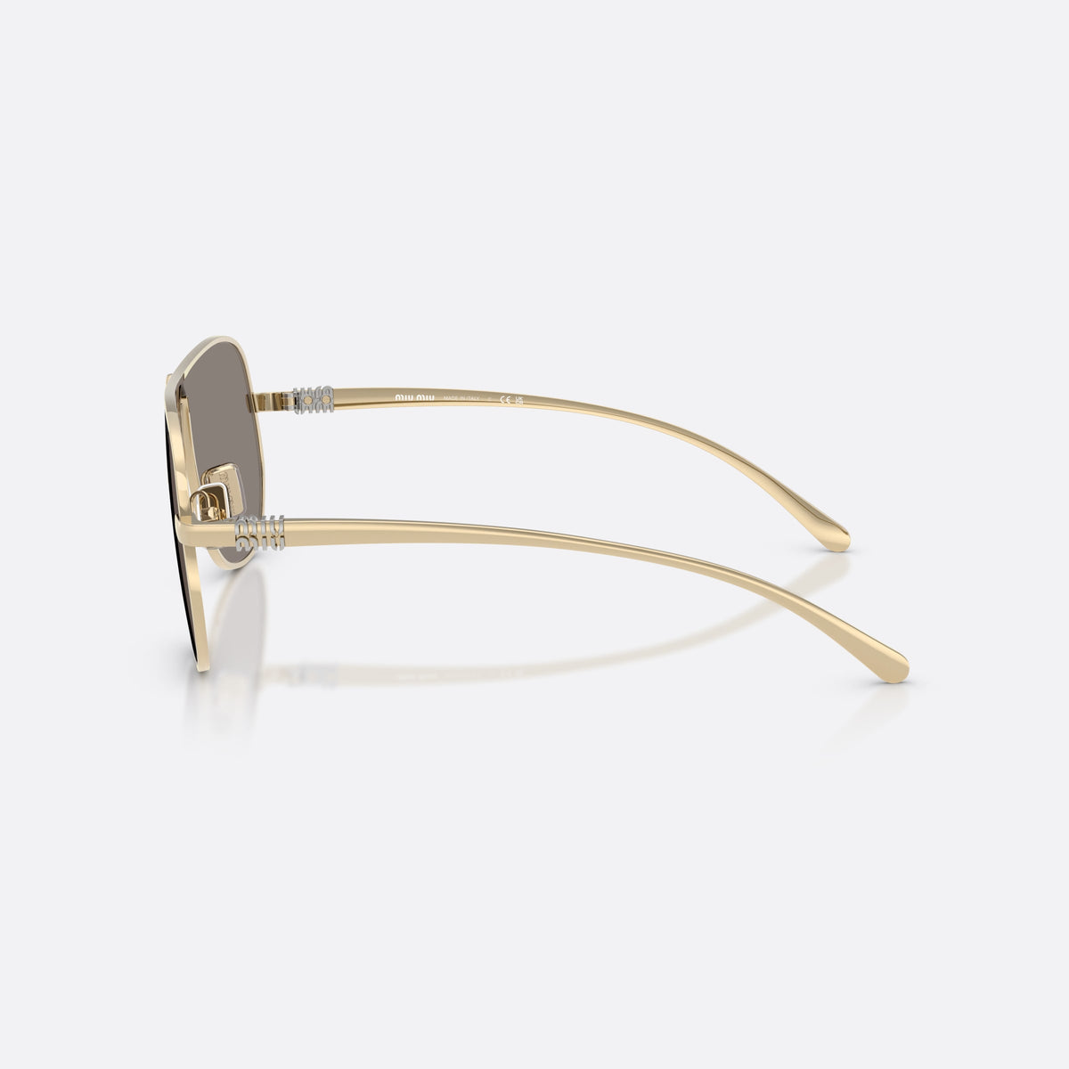 Miu Miu MU A56S ZVN80Q sunglasses, gold pilot frame for women, single metal bridge with arch, brand logo on the lens, side view