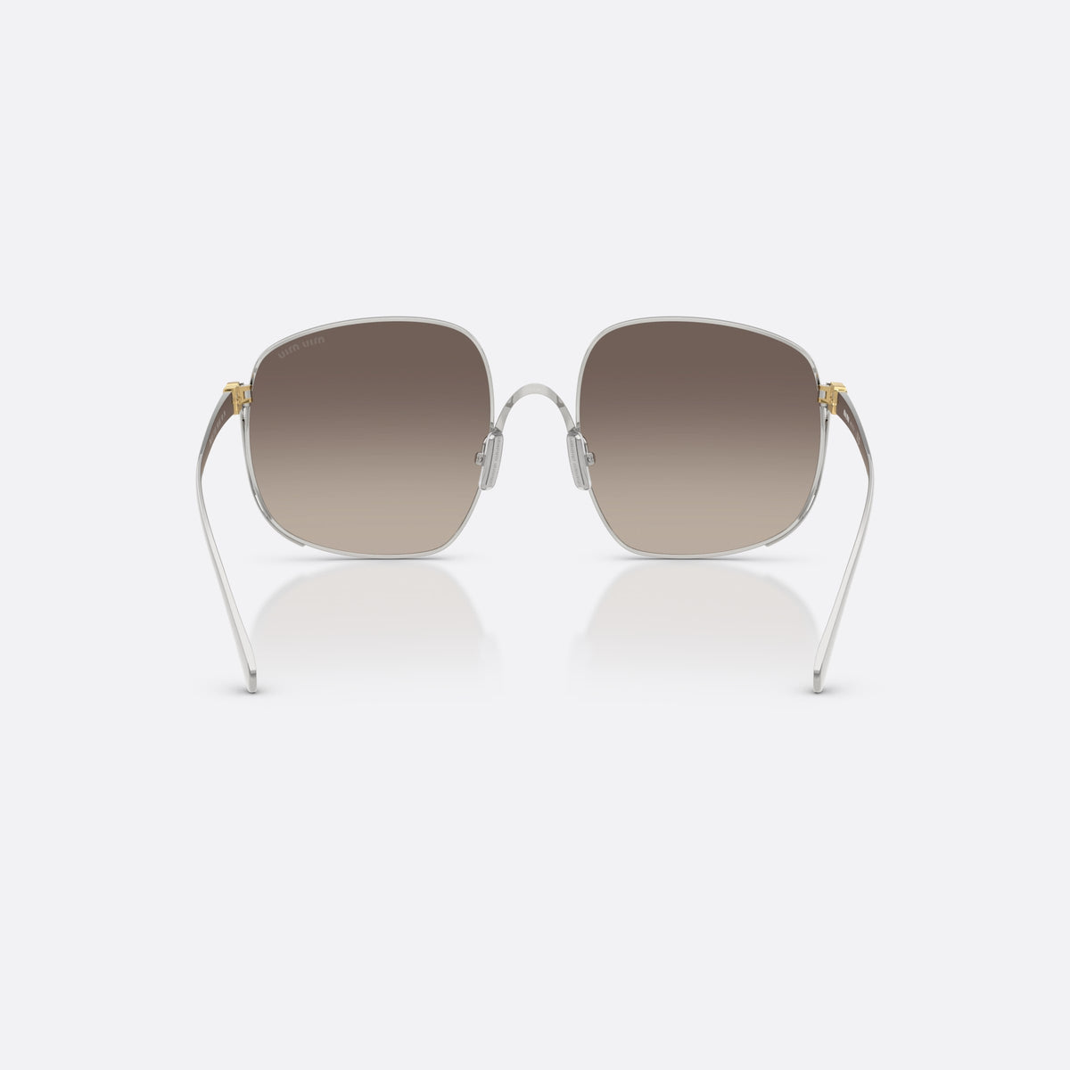 Miu Miu MU A57S 1BC30S sunglasses, silver square frame for women, double bridge with metal arc, brand lettering on temples, back view