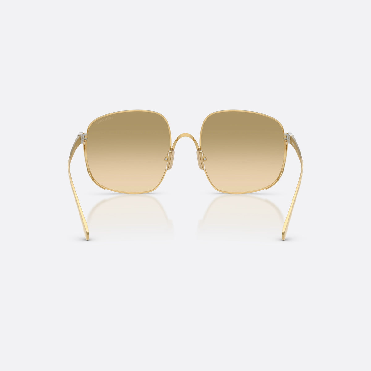 Miu Miu MU A57S 5AK20S sunglasses, gold square frame for women, thin wire bridge with curve, slim tapered temples, back view