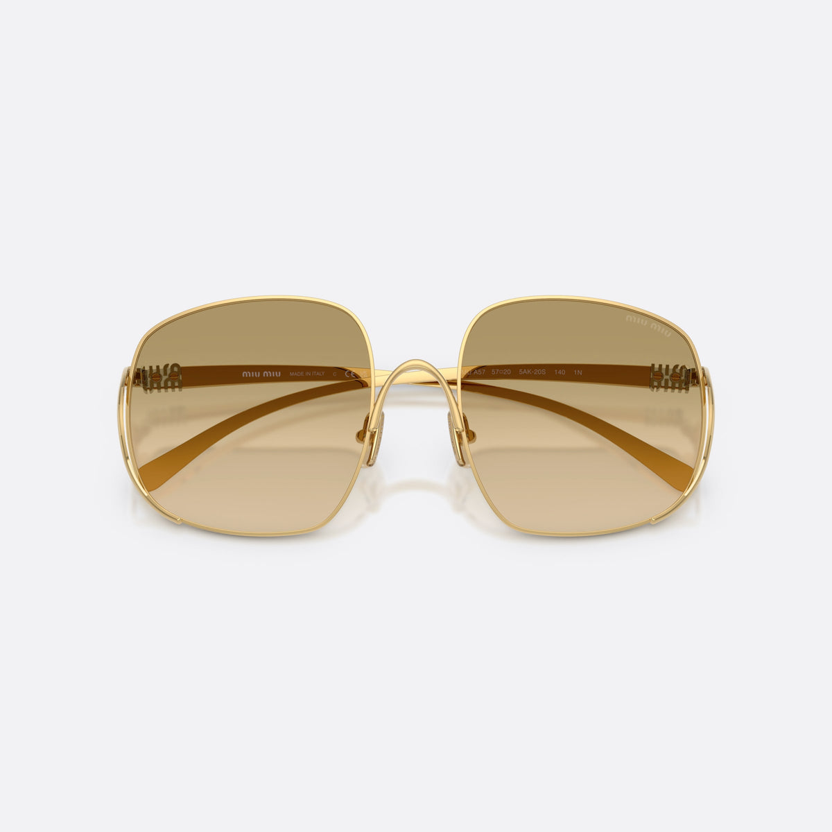 Miu Miu MU A57S 5AK20S sunglasses, gold square frame for women, thin wire bridge with curve, slim tapered temples, folded