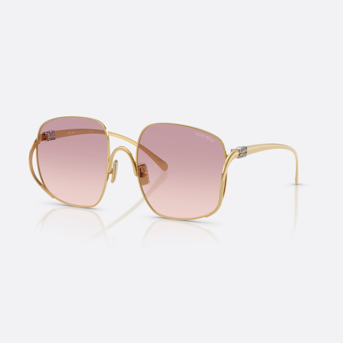 Miu Miu MU A57S 5AK40S sunglasses, gold square frame for women, thin arched metal bridge, brand lettering on the temples