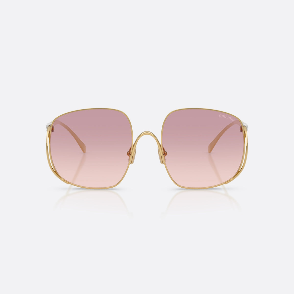 Miu Miu MU A57S 5AK40S sunglasses, gold square frame for women, thin arched metal bridge, brand lettering on the temples, front view