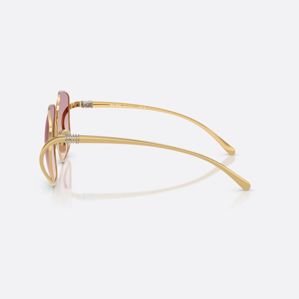 Miu Miu MU A57S 5AK40S sunglasses, gold square frame for women, thin arched metal bridge, brand lettering on the temples, side view