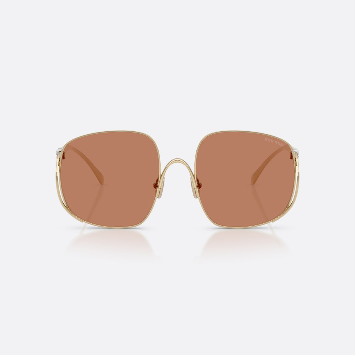 Ochelari de soare Miu Miu MU A57S ZVN90Q, patrati auriu, pentru femei, punte metalică subțire arcuită, literele brandului pe brațe, vedere din față