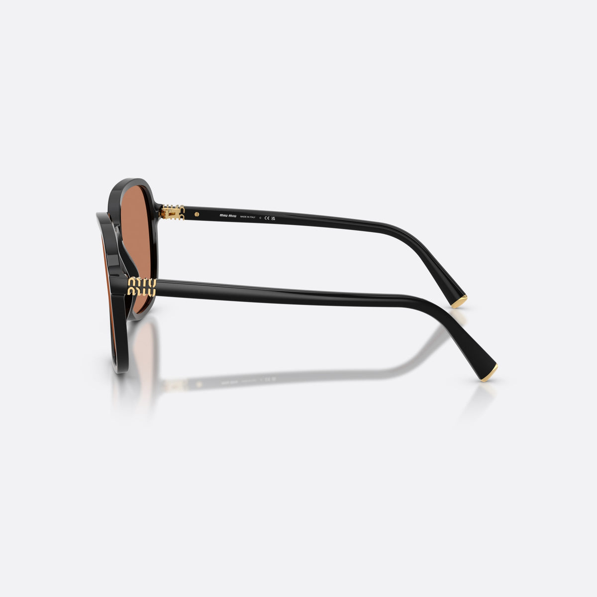 Miu Miu MU B01S 16K90Q sunglasses, black pillow frame for women, plain double bridge, brand lettering on temples, side view