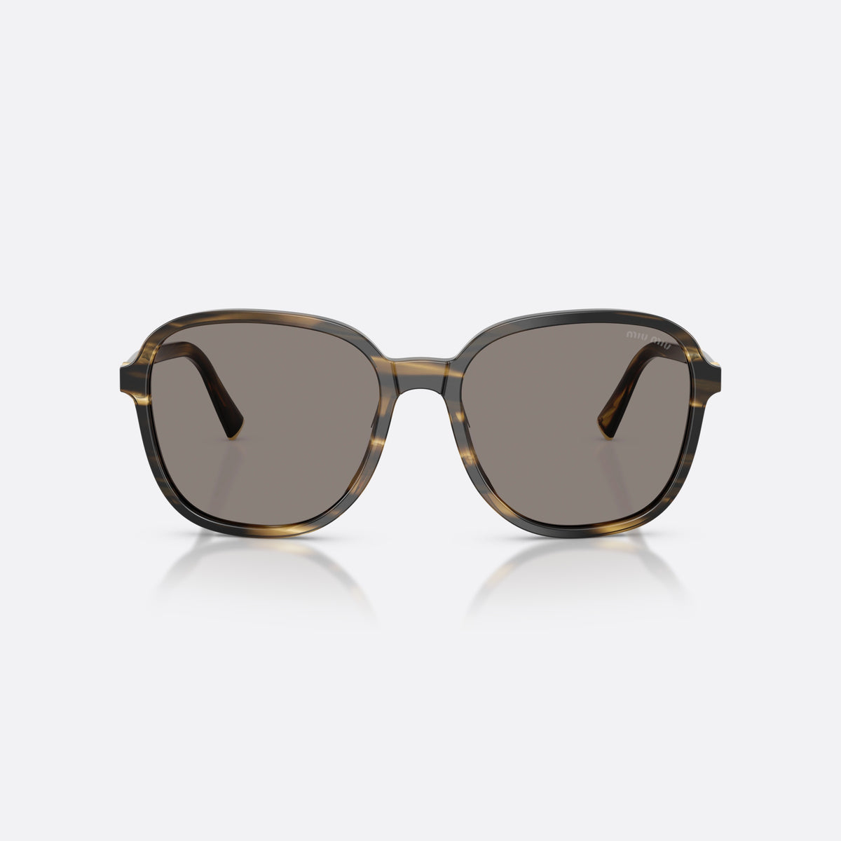 Miu Miu MU B01S 25E80Q sunglasses, green pillow frame for women, plain bridge, brand lettering on temples, full-rim frame, front view