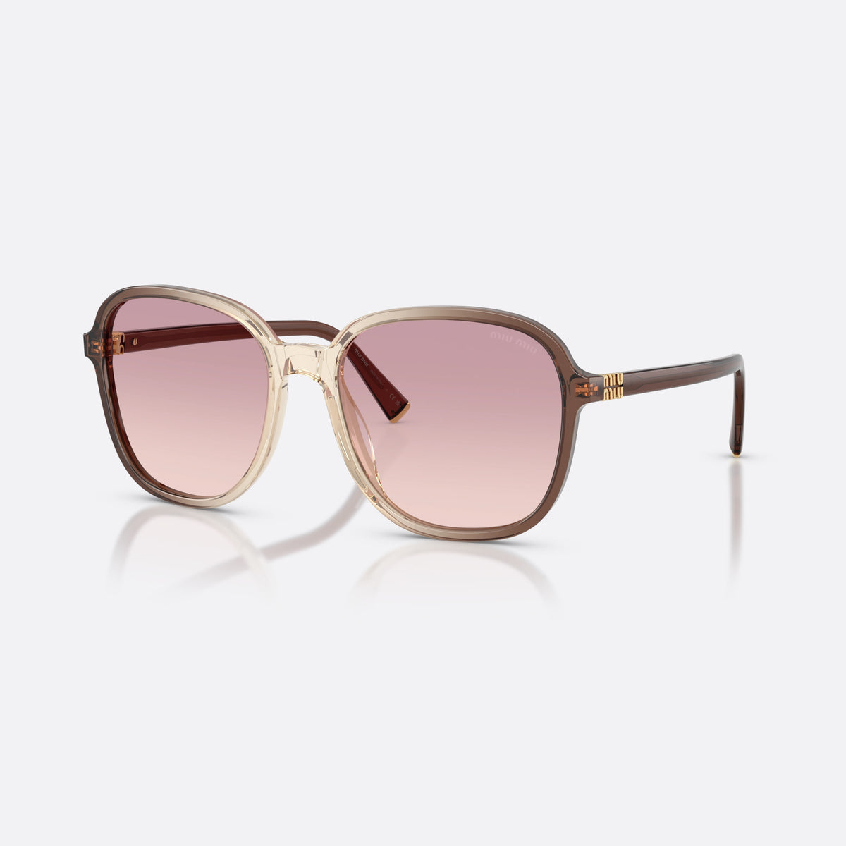 Miu Miu MU B01S 25G40S sunglasses, brown pillow frame for women, plain integrated bridge, brand lettering on temples