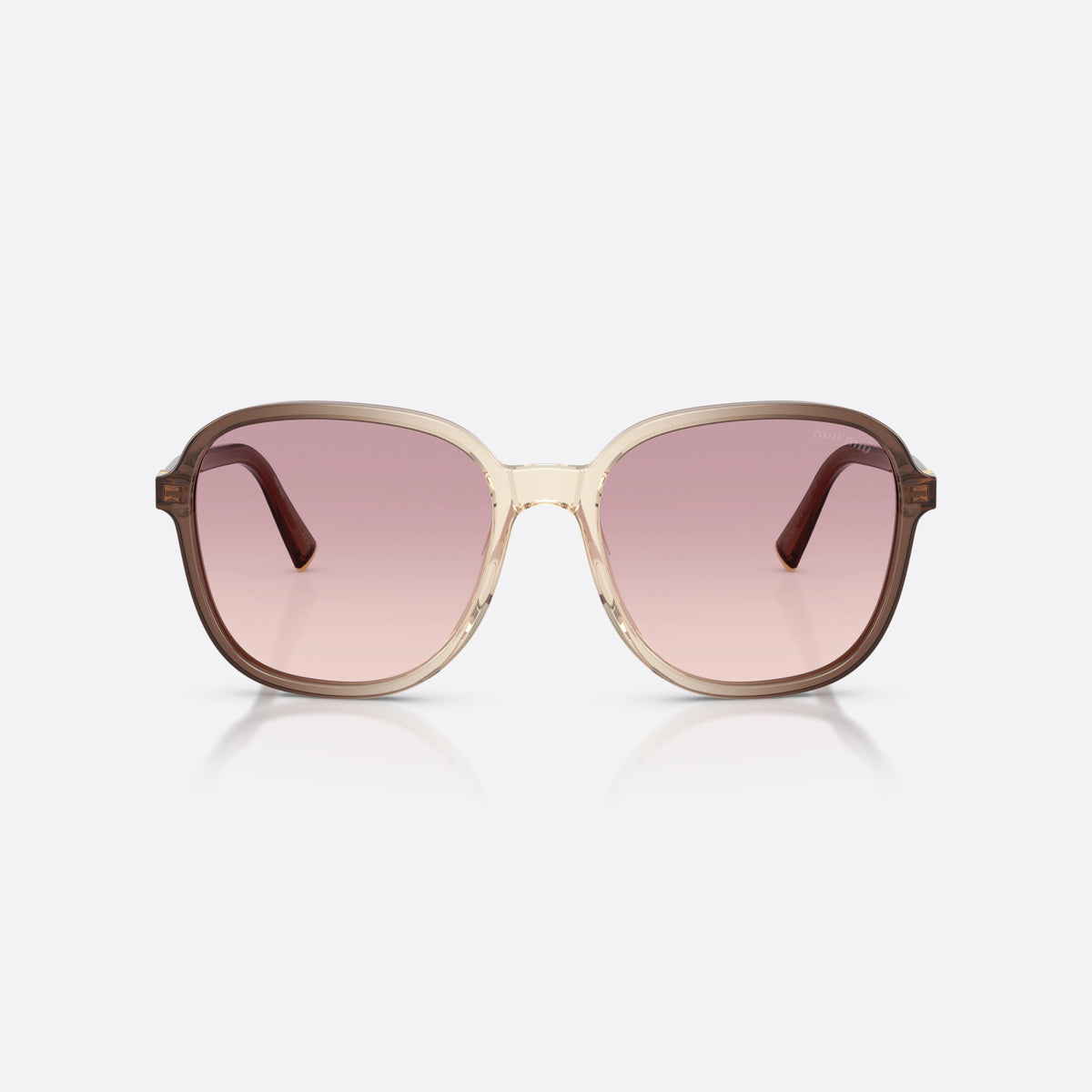 Miu Miu MU B01S 25G40S sunglasses, brown pillow frame for women, plain integrated bridge, brand lettering on temples, front view