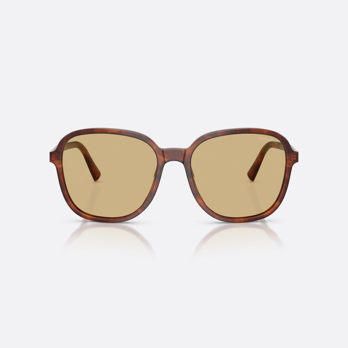 Miu Miu MU B01S 26E10R sunglasses, brown pillow frame for women, plain bridge, brand logo plaque on temple, front view