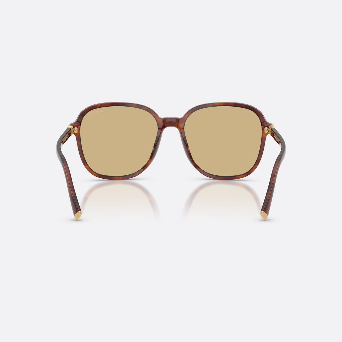 Miu Miu MU B01S 26E10R sunglasses, brown pillow frame for women, plain bridge, brand logo plaque on temple, back view