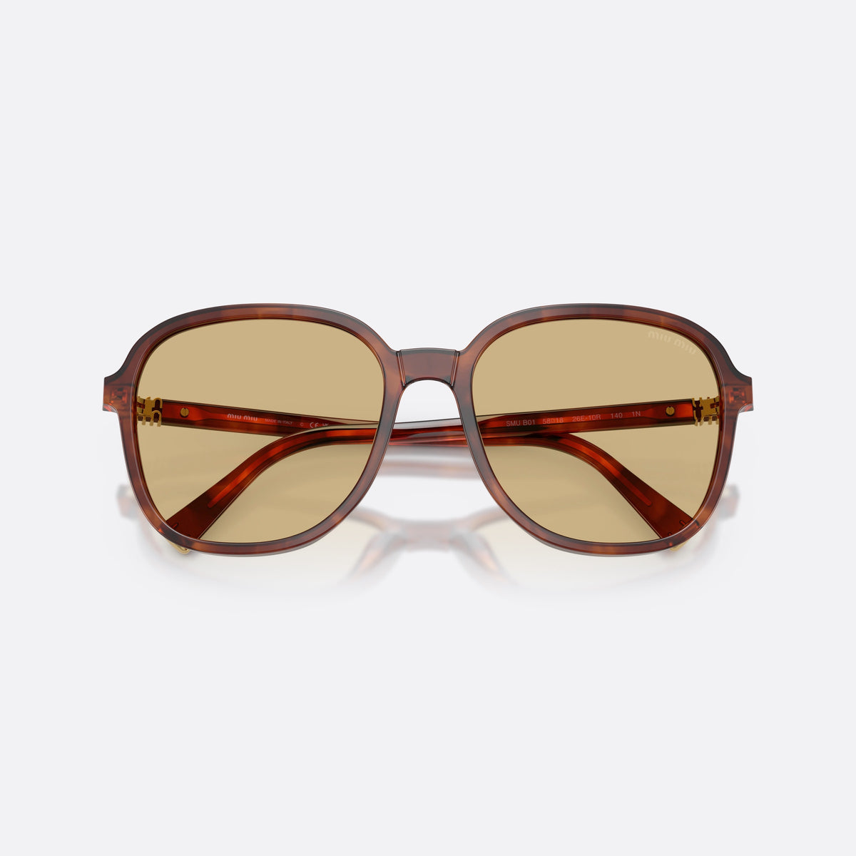 Miu Miu MU B01S 26E10R sunglasses, brown pillow frame for women, plain bridge, brand logo plaque on temple, folded